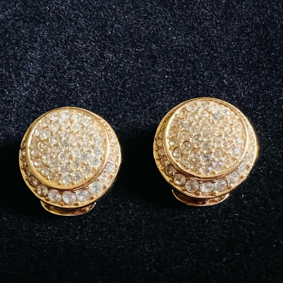Vintage Christian Dior Gold Tone Crystal Double Circle Clip on Earrings - Picture 1 of 6
